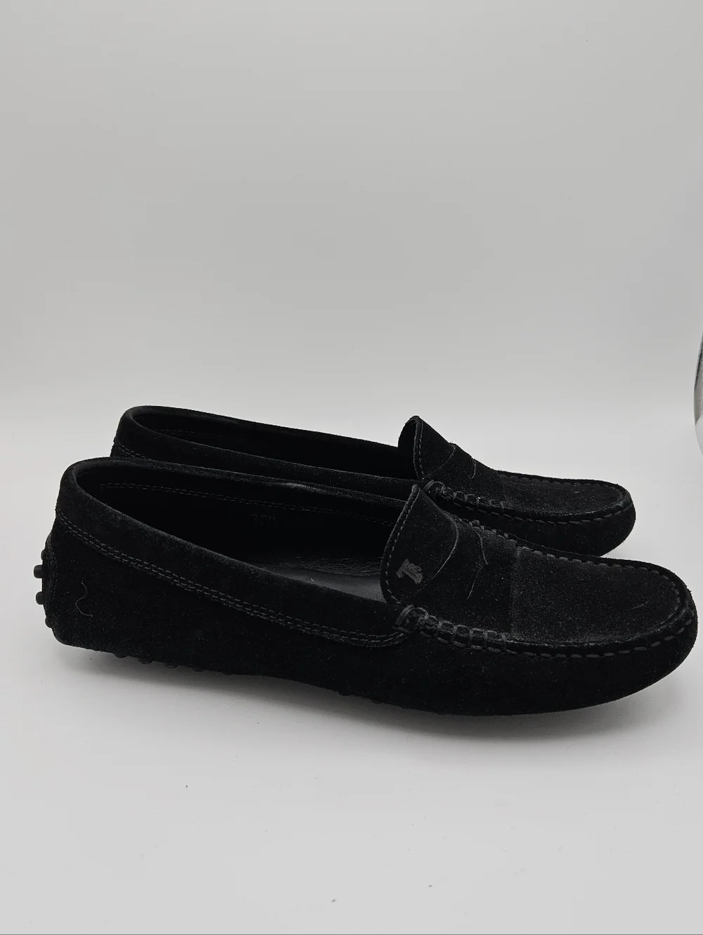 Tod's black suede Gommino driving shoes penny loafer size 37.5